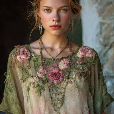 Vintage  Roses Gradient Linen Blouses