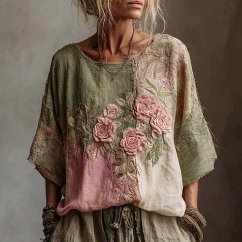 Vintage  Roses Gradient Linen Blouses