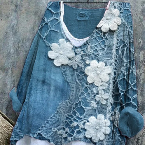 Retro Casual Floral Art Linen-Blend Blouses