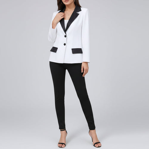 Conjunto de blazer y pantalón negro y blanco para mujer elegante