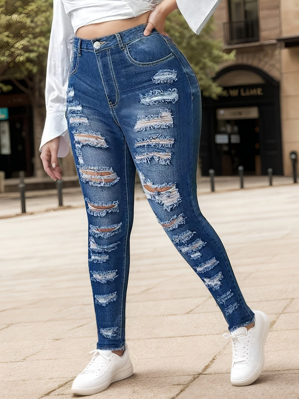 New Women’s Fashionable Casual Jeans, Tight Fitting Ripped Jeans, High Waisted Jeans