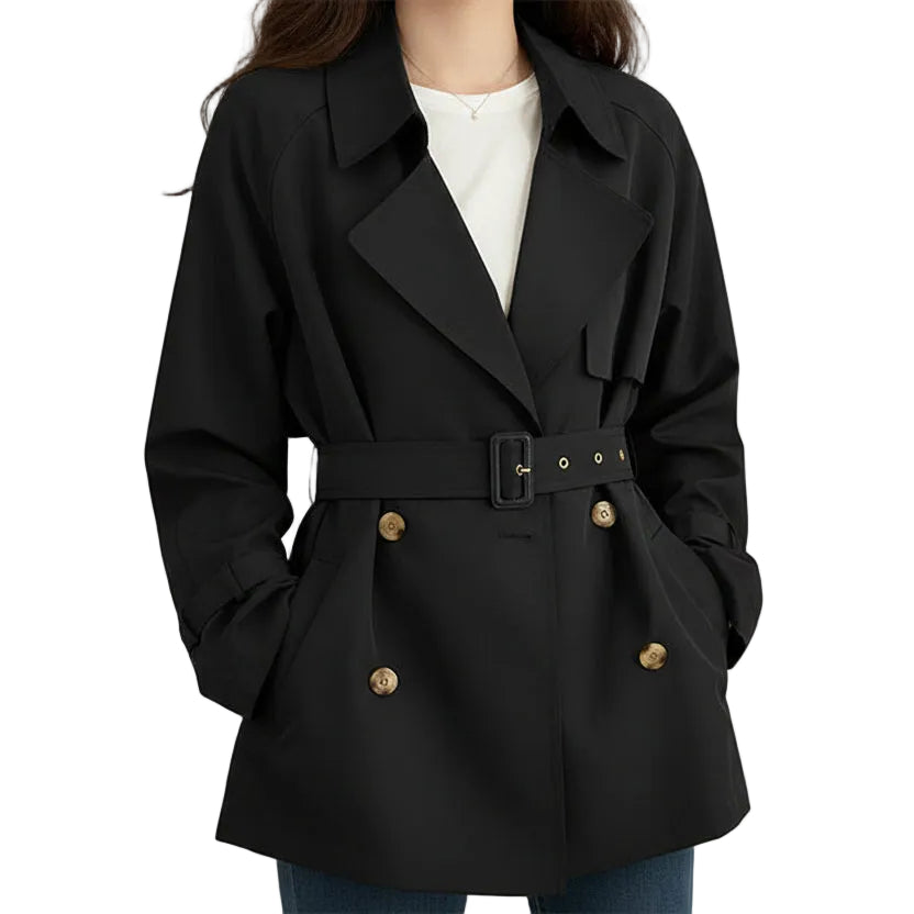 Gabardina corta estilo británico para mujer con cinturón ajustable
