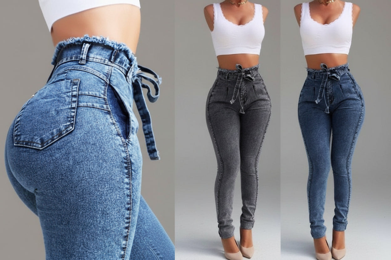 Jeans skinny de denim azul oscuro con bajo desflecado para mujer