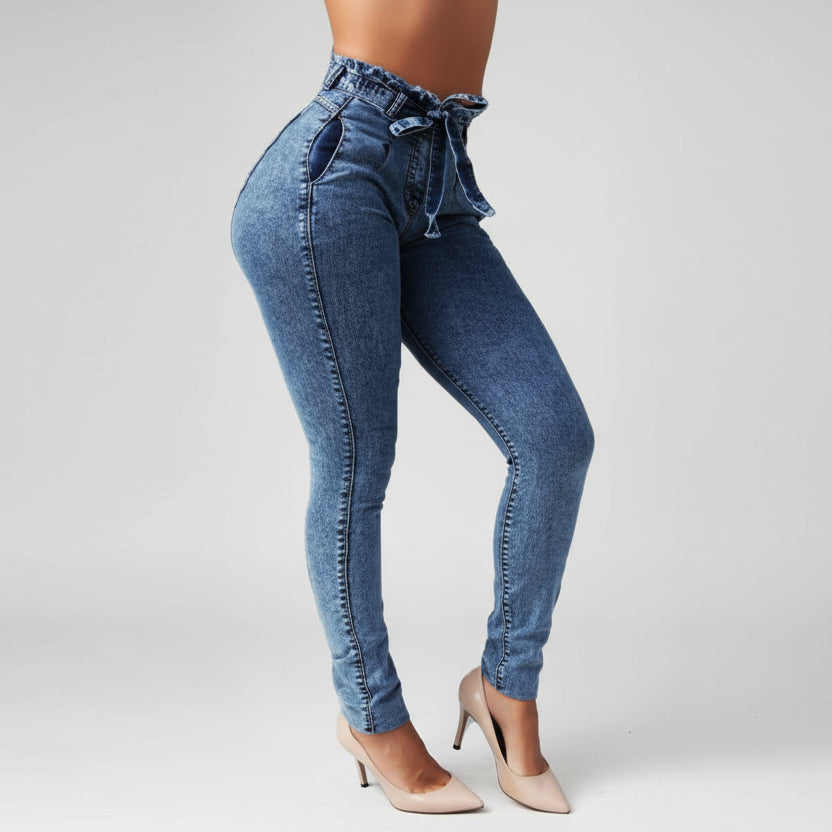 Jeans skinny con flecos color gris para mujer vista frontal