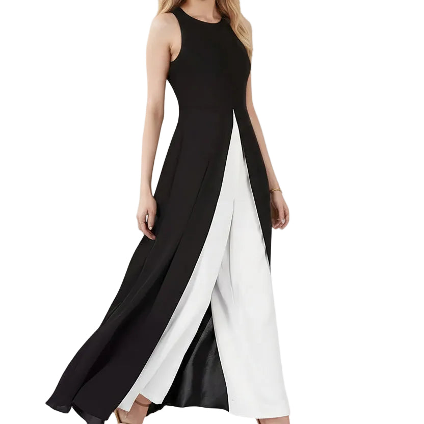 Mono blanco y negro para mujer con cremallera frontal