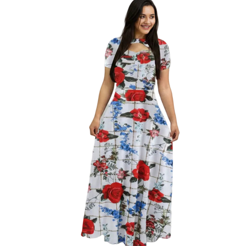 Vista frontal de vestido maxi bohemio de otoño para mujer