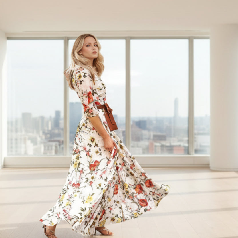 Vestido maxi floral estilo princesa para mujer vista frontal