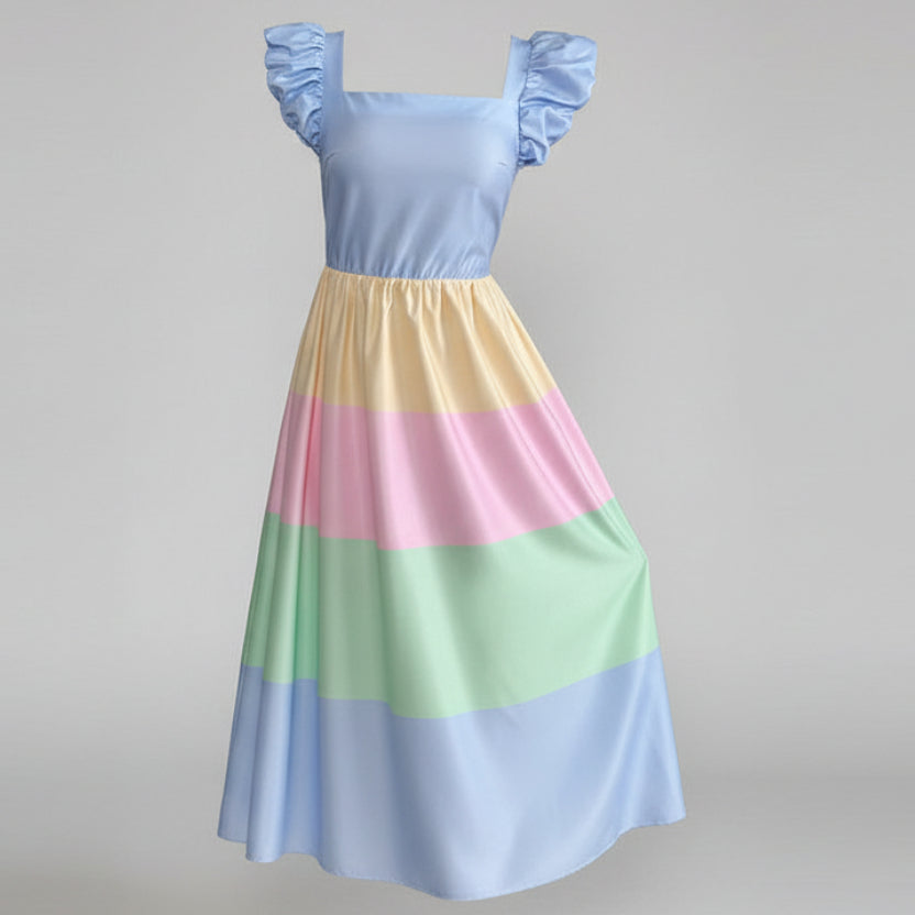 Vestido midi patchwork geométrico azul cielo para mujer